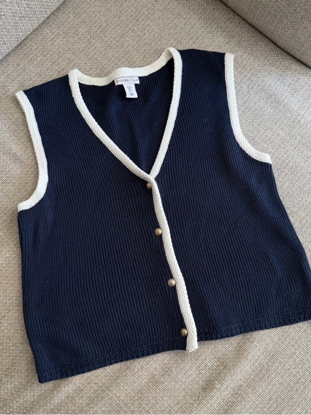 Navy Knit Button-Front Vest with Cream Trim